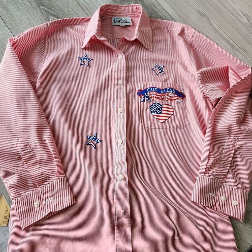 Las Olas Ladies Patriotic Shirt Size S Red White Stripes God Bless America Flag